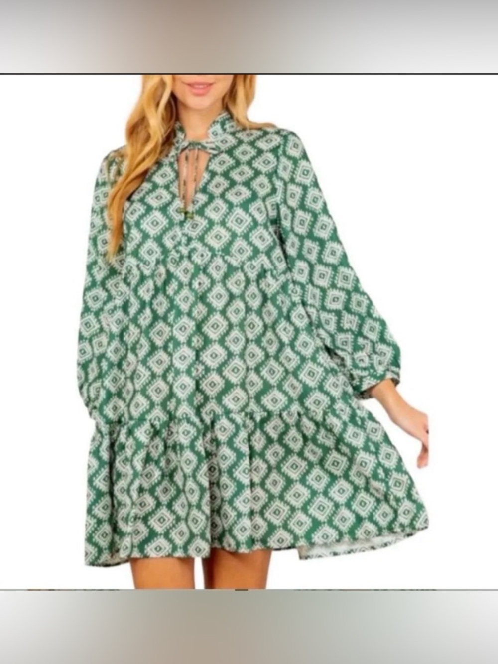 Zara • Green Printed Tie-Neck Tiered Dress